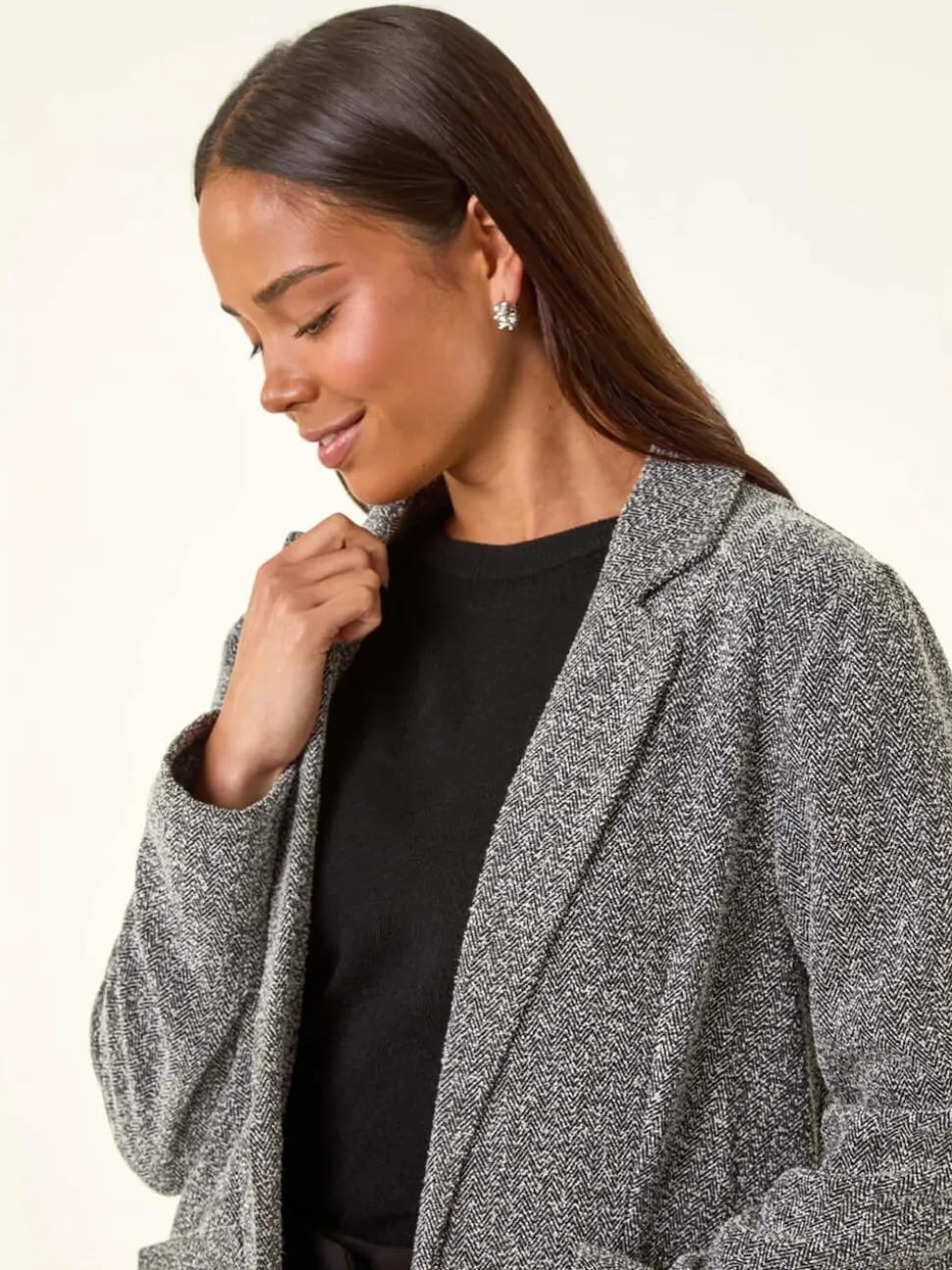Roman Black Petite Herringbone Pocket Blazer