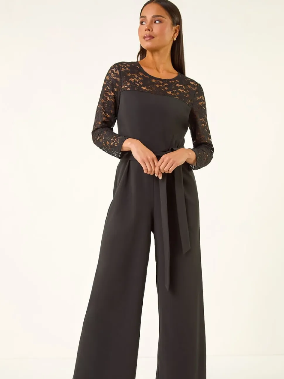 Roman Black Petite Lace Contrast Stretch Jumpsuit