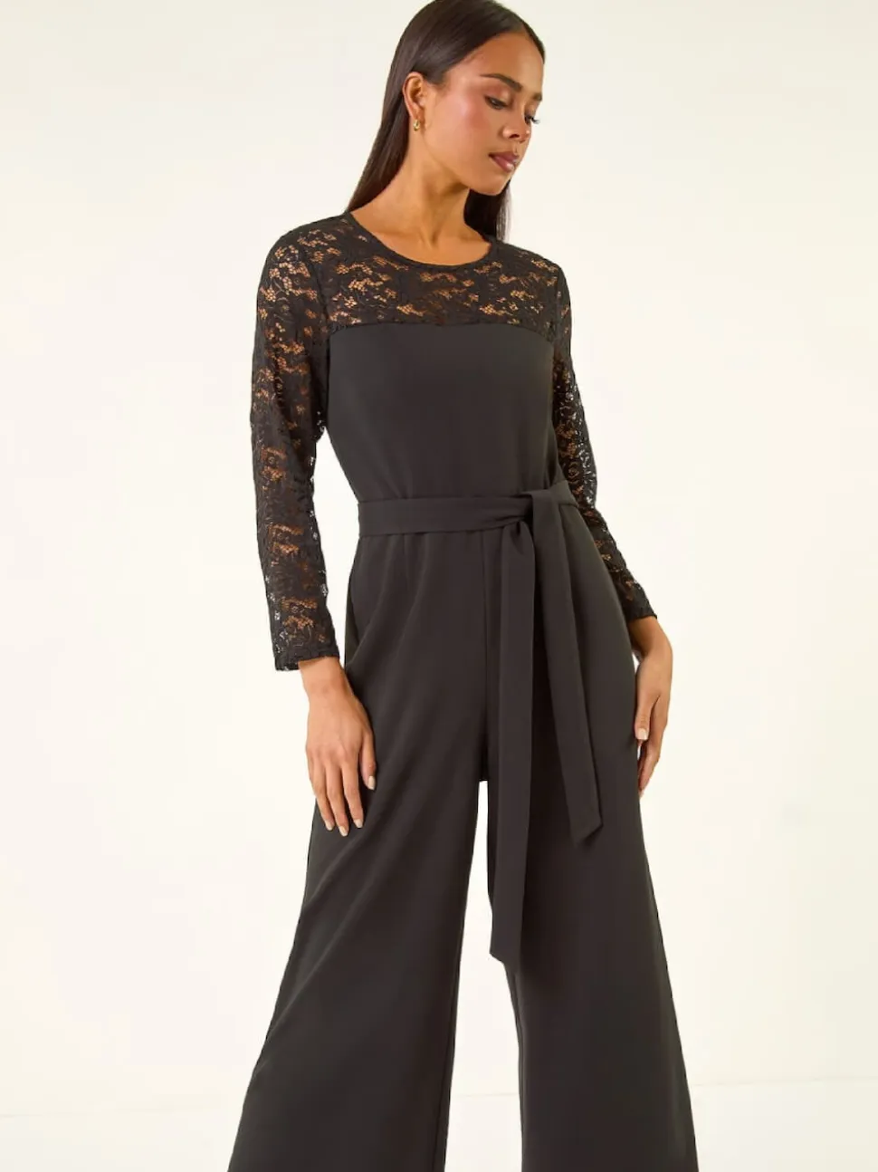 Roman Black Petite Lace Contrast Stretch Jumpsuit