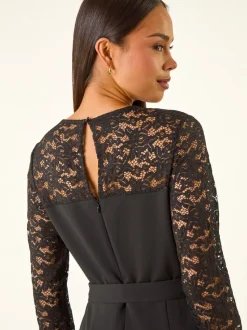 Roman Black Petite Lace Contrast Stretch Jumpsuit