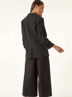 Roman Black Petite Ruched Buttoned Blazer
