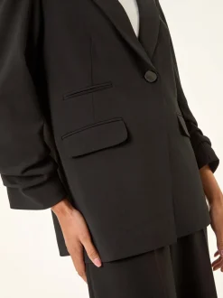 Roman Black Petite Ruched Buttoned Blazer
