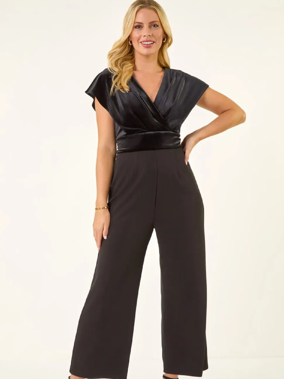 Roman Black Petite Velvet Contrast Jumpsuit