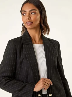 Roman Black Pinstripe Revered Collar Blazer