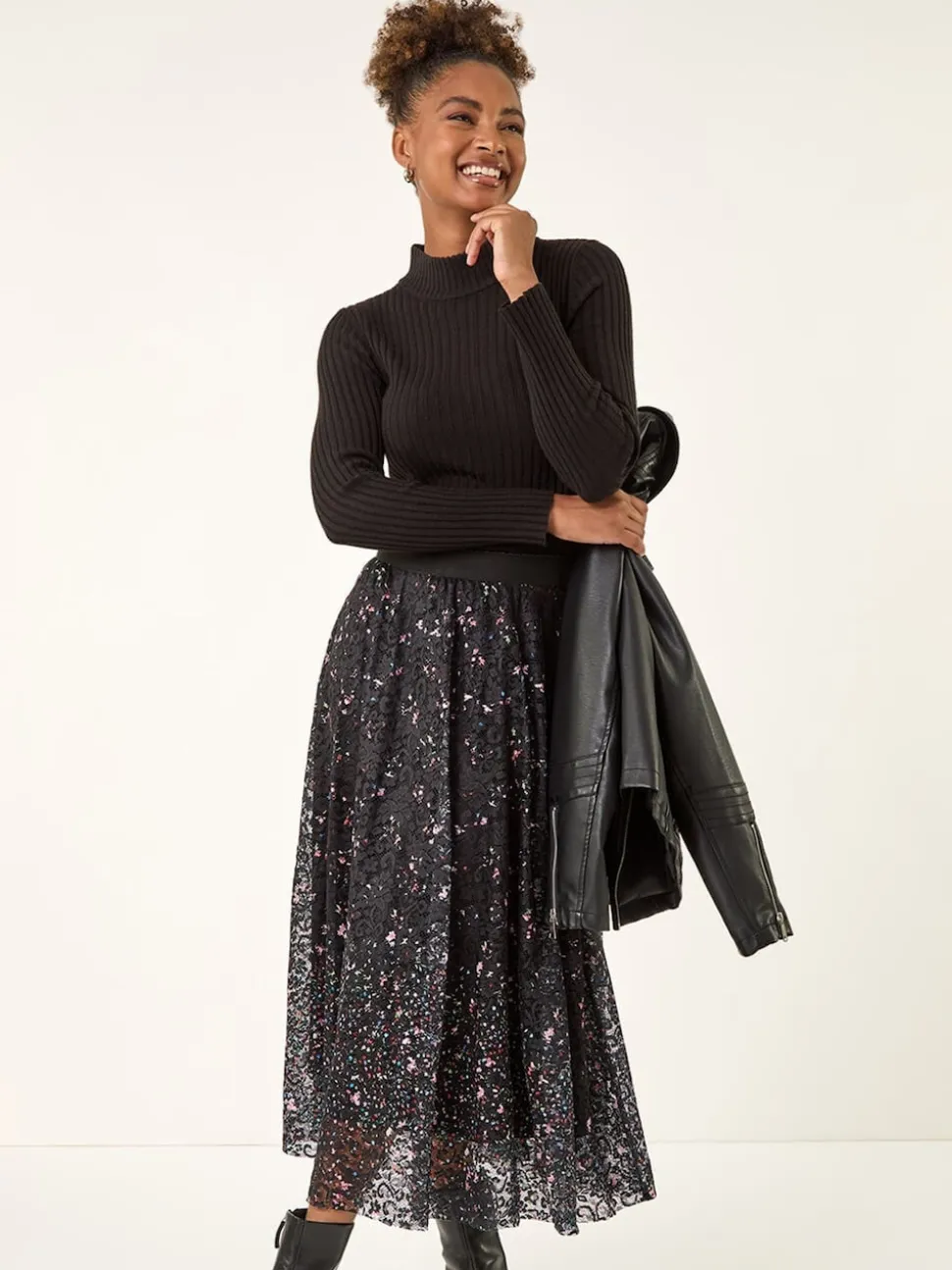 Roman Black Printed Lace Overlay Skirt