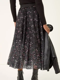 Roman Black Printed Lace Overlay Skirt