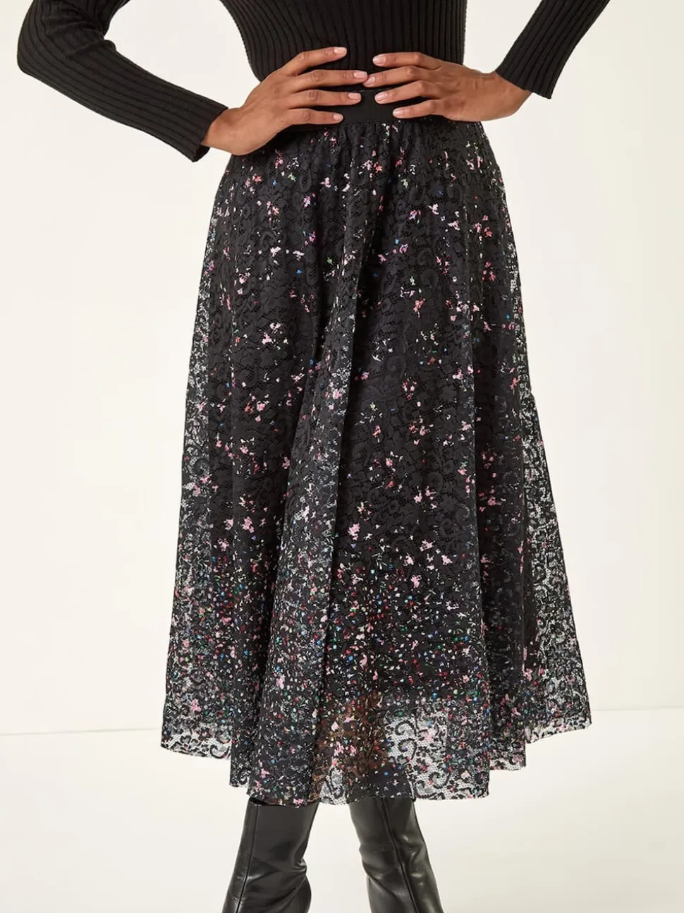Roman Black Printed Lace Overlay Skirt