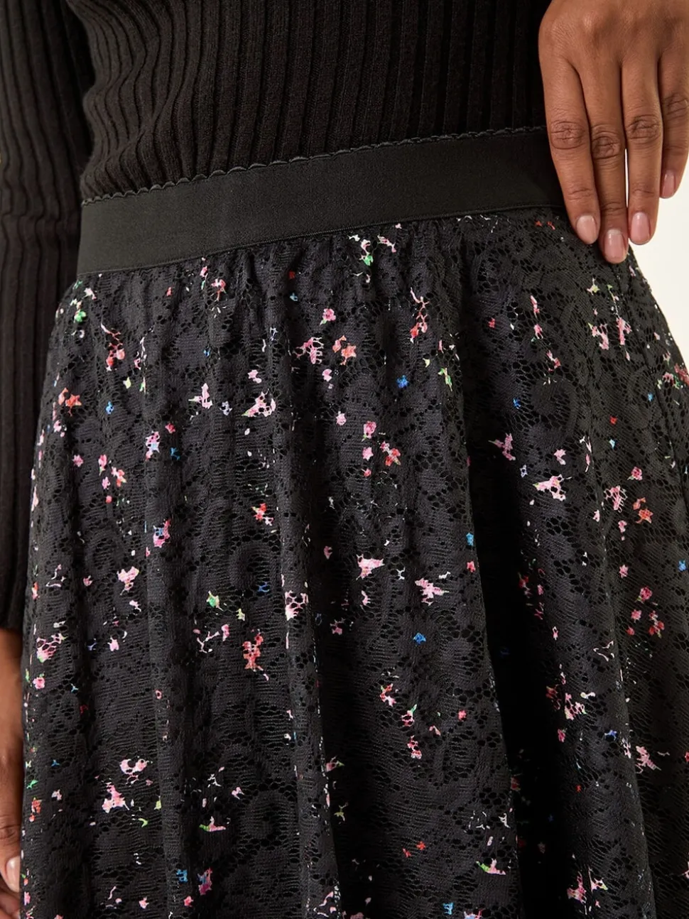 Roman Black Printed Lace Overlay Skirt