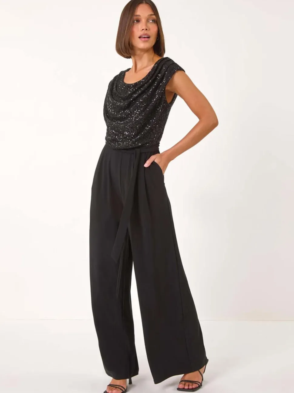 Roman Black Sequin Bodice Cowl Neck Jumpsuit