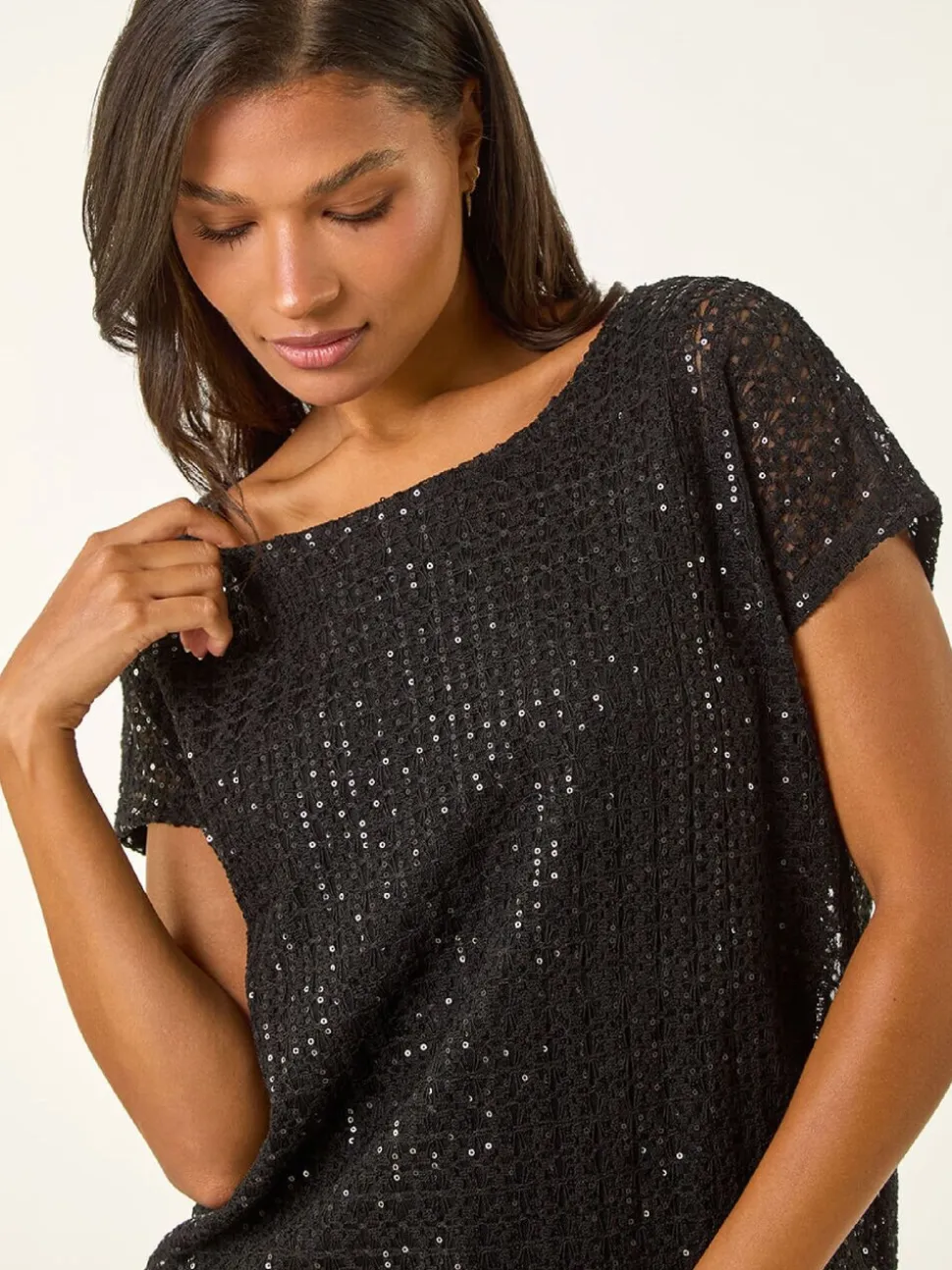 Roman Black Sequin Cut Out Blouse