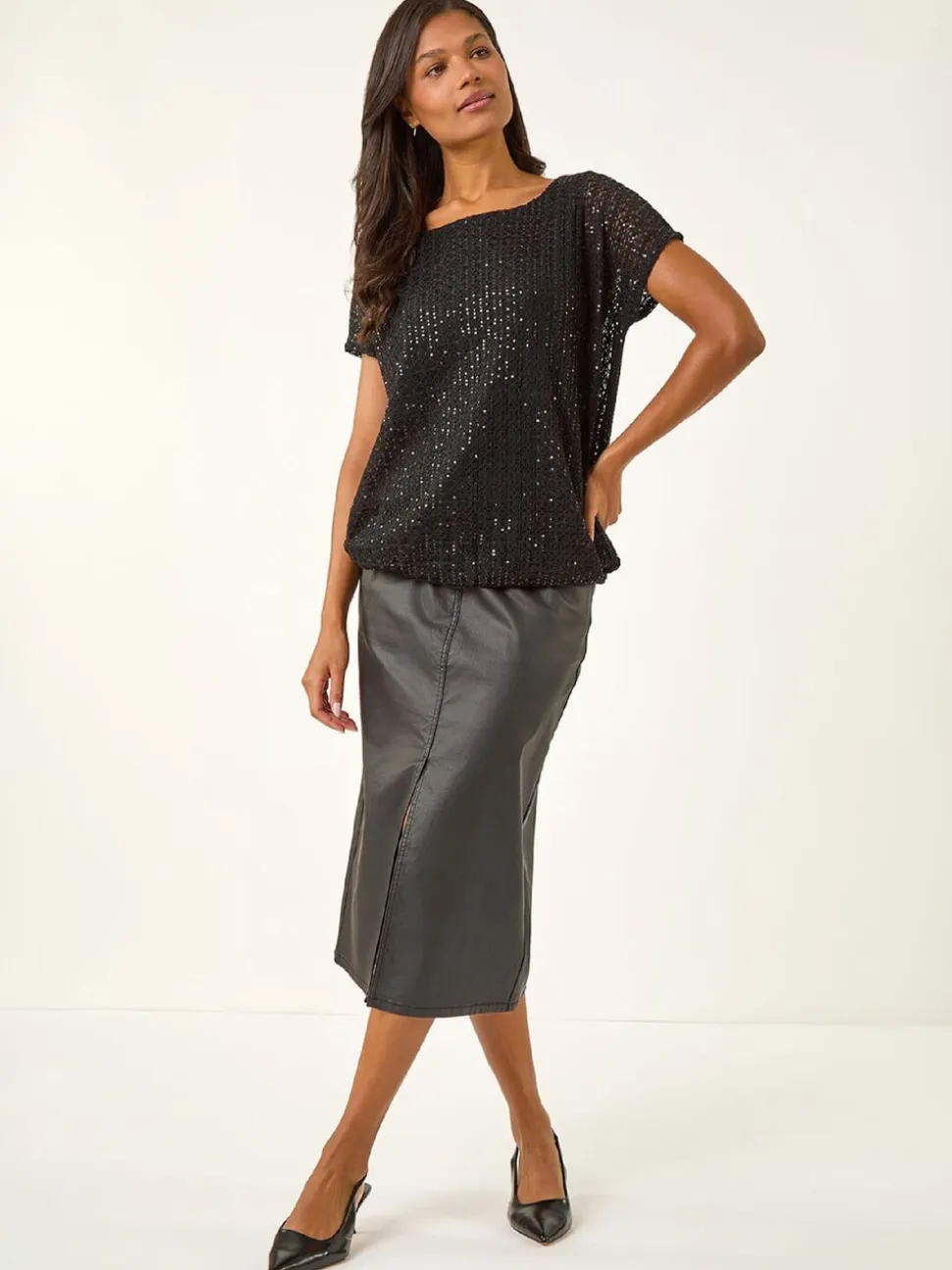 Roman Black Sequin Cut Out Blouse
