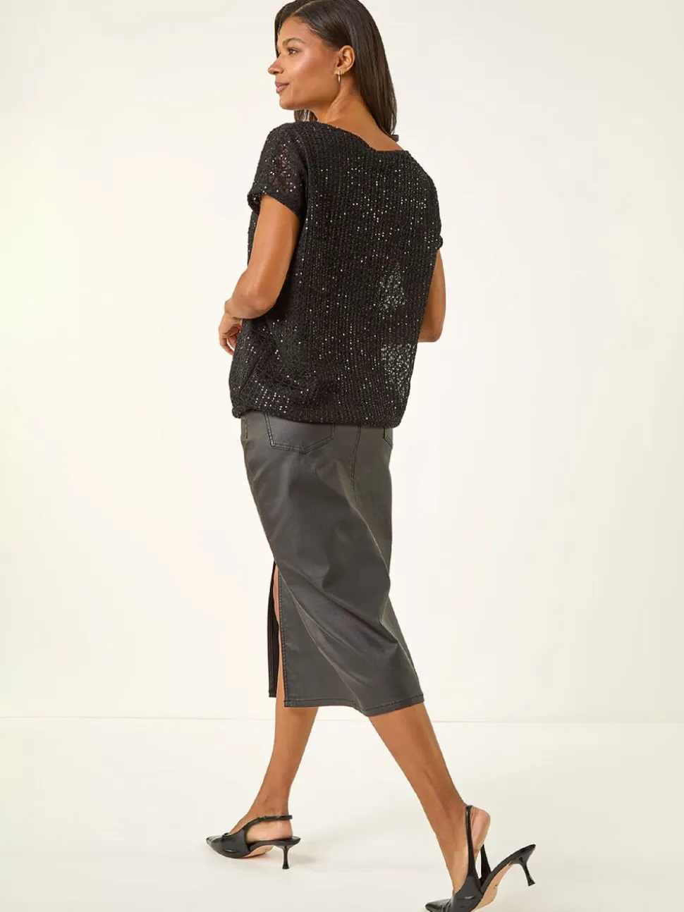 Roman Black Sequin Cut Out Blouse