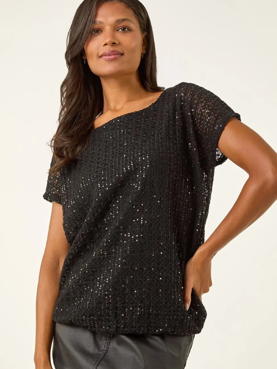 Roman Black Sequin Cut Out Blouse