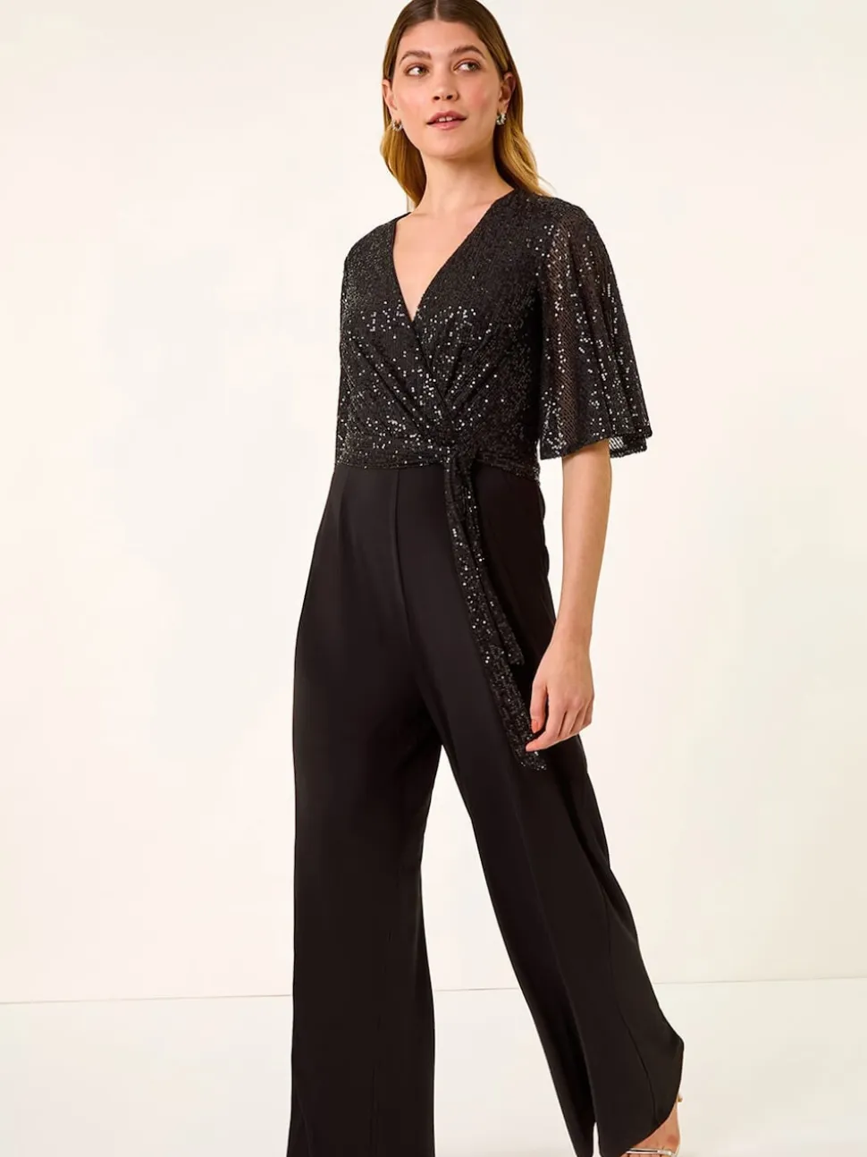 Roman Black Sequin Flutter Sleeve Stretch Jumpsuit
