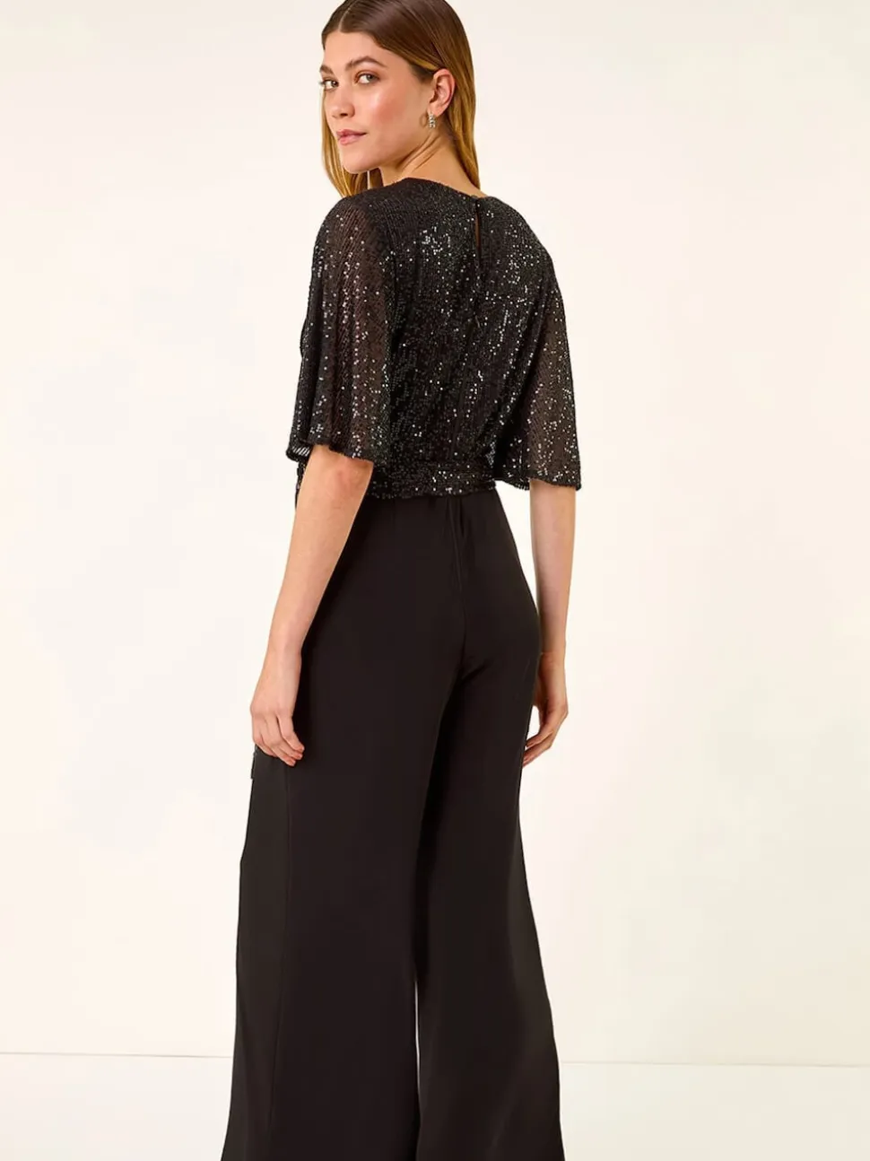 Roman Black Sequin Flutter Sleeve Stretch Jumpsuit