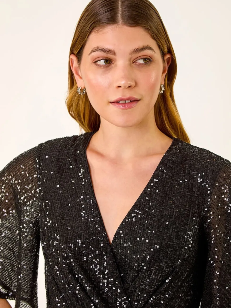 Roman Black Sequin Flutter Sleeve Stretch Jumpsuit