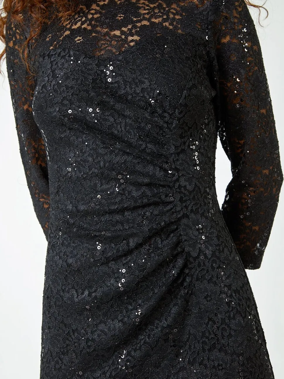 Roman Black Sequin Lace Ruched Stretch Dress