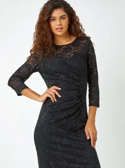 Roman Black Sequin Lace Ruched Stretch Dress