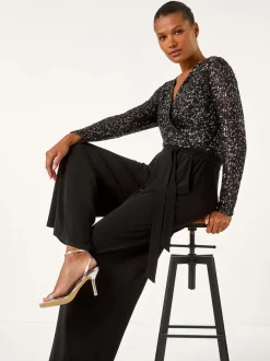 Roman Black Sequin Wrap V-Neck Stretch Jumpsuit