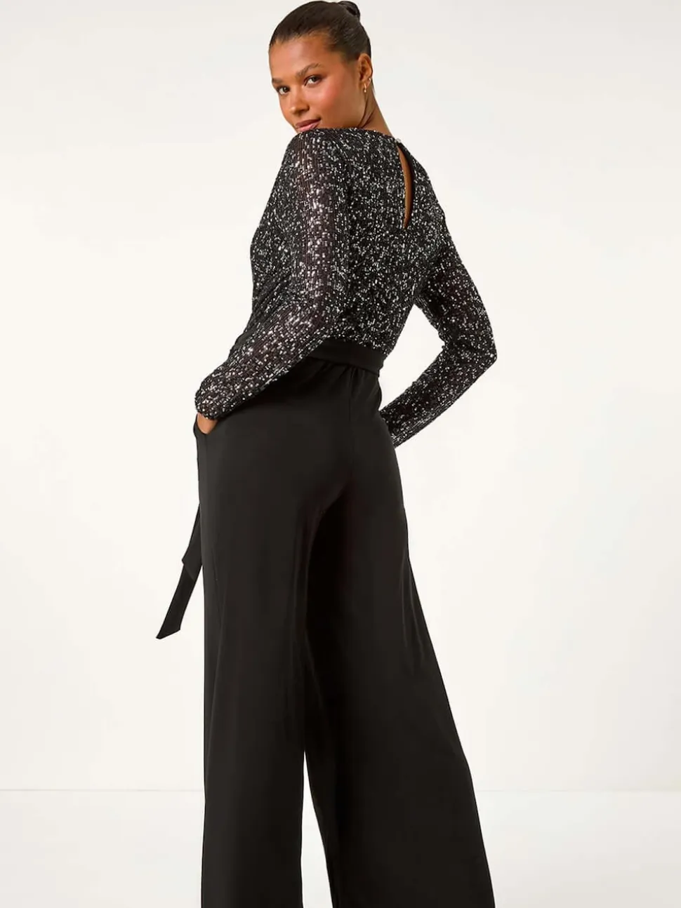 Roman Black Sequin Wrap V-Neck Stretch Jumpsuit