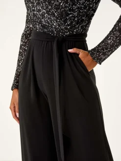 Roman Black Sequin Wrap V-Neck Stretch Jumpsuit