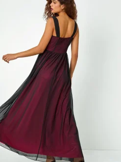 Roman Black Sleeveless Contrast Mesh Maxi Stretch Dress