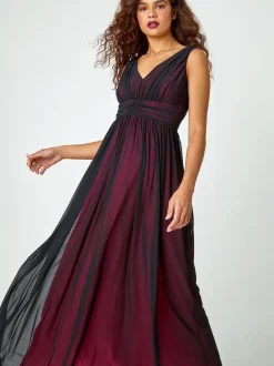 Roman Black Sleeveless Contrast Mesh Maxi Stretch Dress