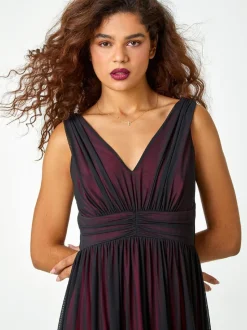 Roman Black Sleeveless Contrast Mesh Maxi Stretch Dress