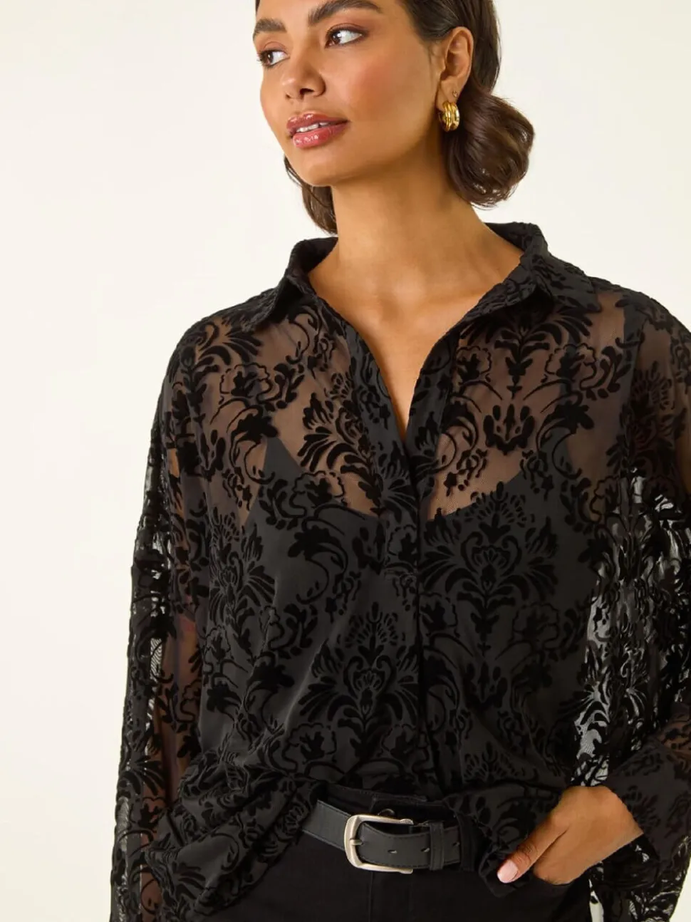 Roman Black Textured Floral V-Neck Blouse