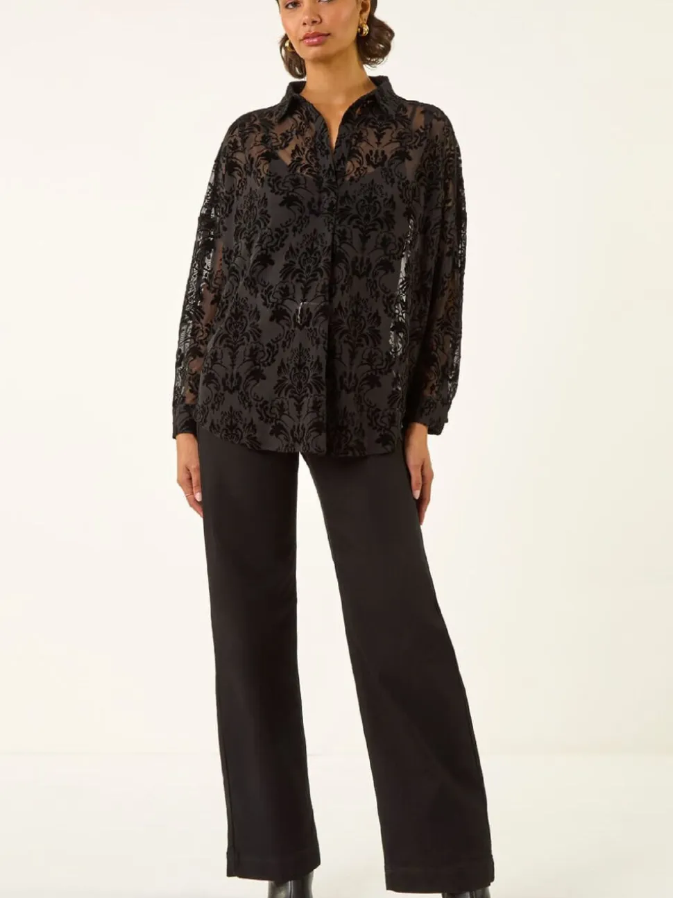 Roman Black Textured Floral V-Neck Blouse