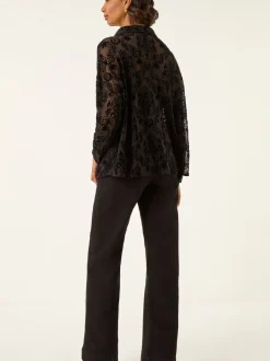 Roman Black Textured Floral V-Neck Blouse