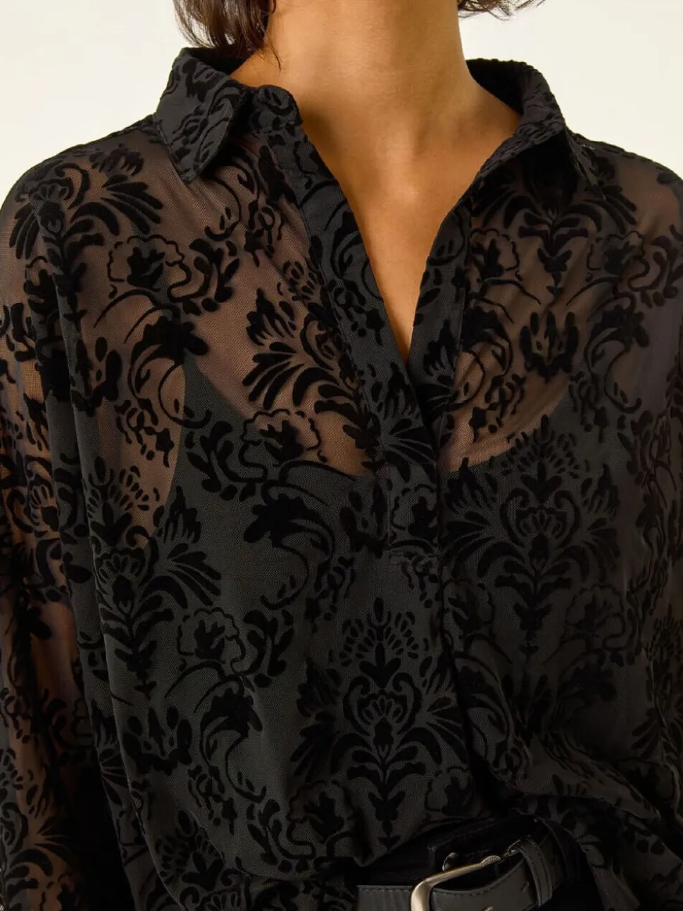 Roman Black Textured Floral V-Neck Blouse