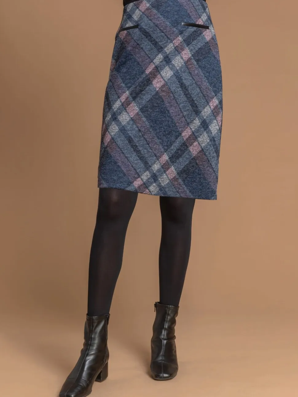 Roman Blue Check Print Brushed Skirt