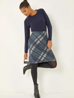 Roman Blue Check Print Brushed Skirt