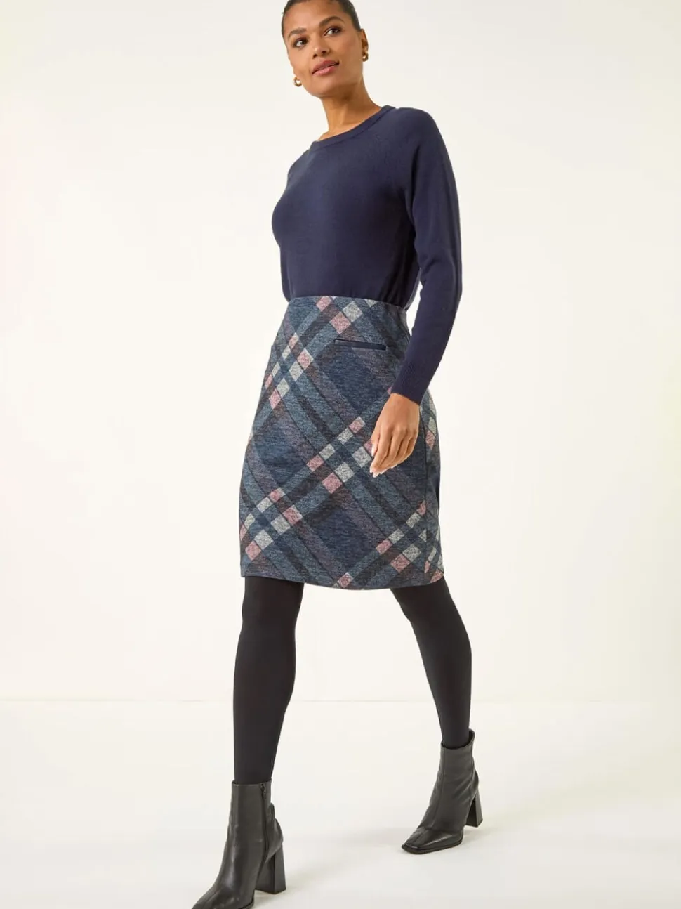 Roman Blue Check Print Brushed Skirt