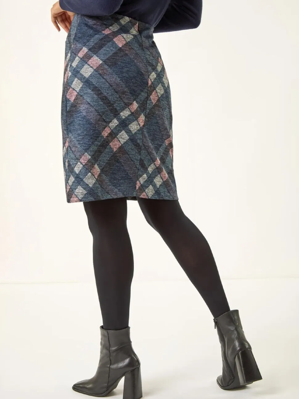Roman Blue Check Print Brushed Skirt