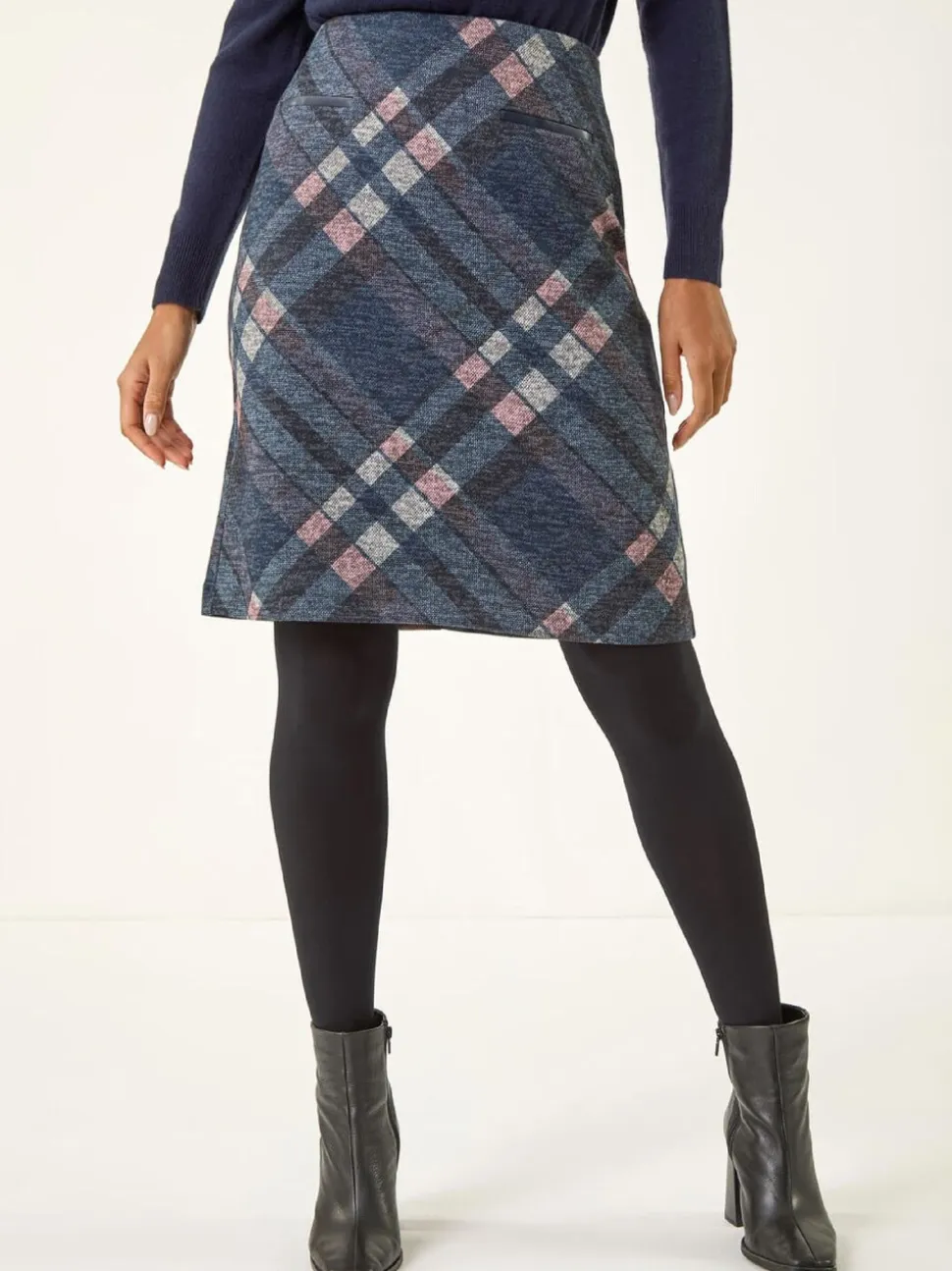 Roman Blue Check Print Brushed Skirt