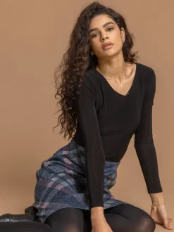 Roman Blue Check Print Brushed Skirt