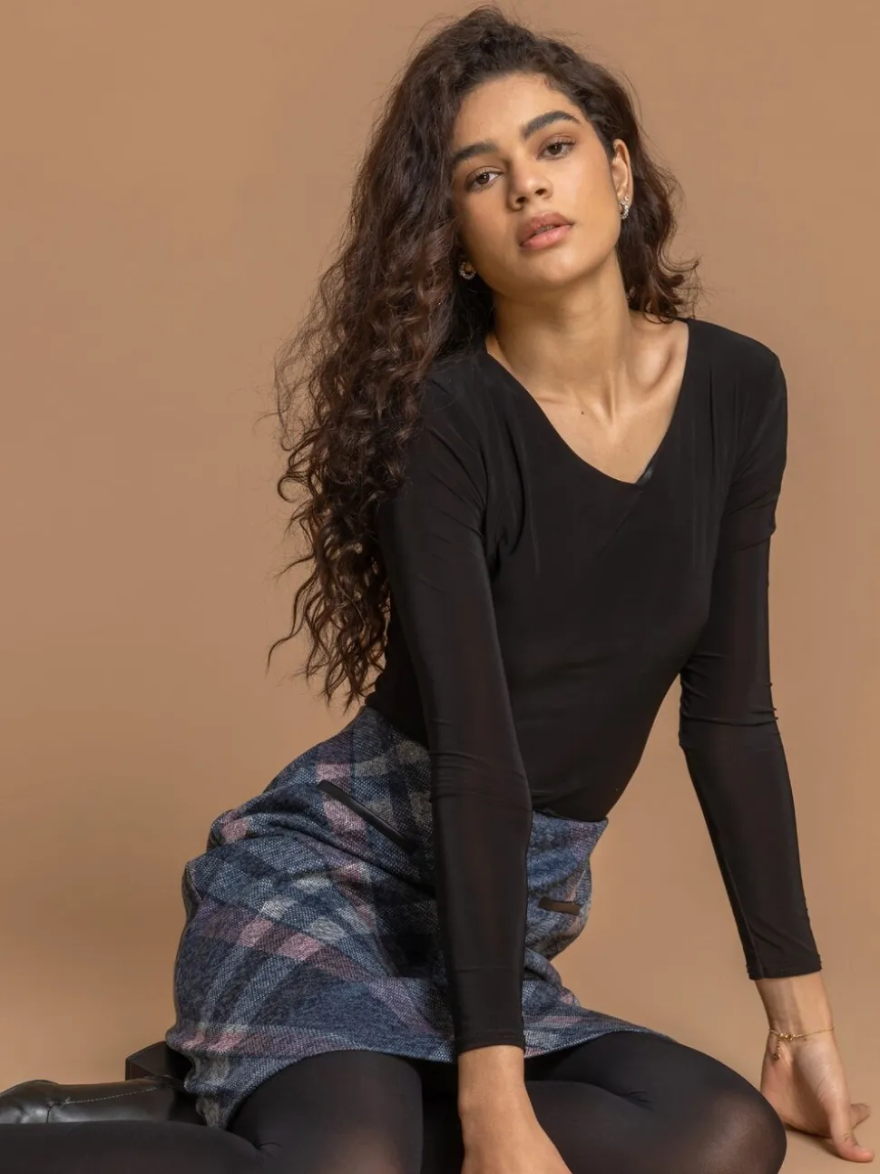 Roman Blue Check Print Brushed Skirt