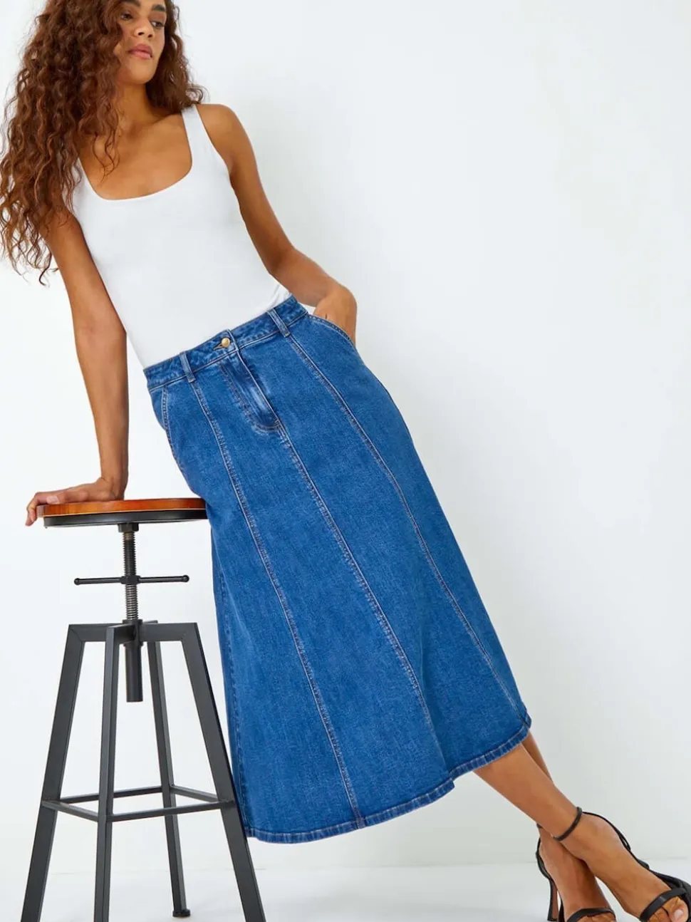Roman Blue Cotton Denim Panelled Midi Skirt