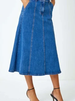 Roman Blue Cotton Denim Panelled Midi Skirt