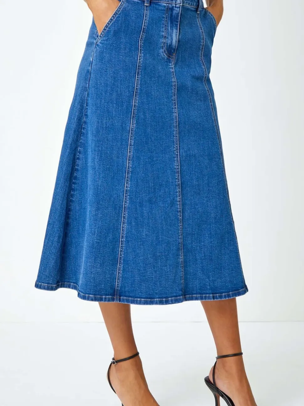 Roman Blue Cotton Denim Panelled Midi Skirt