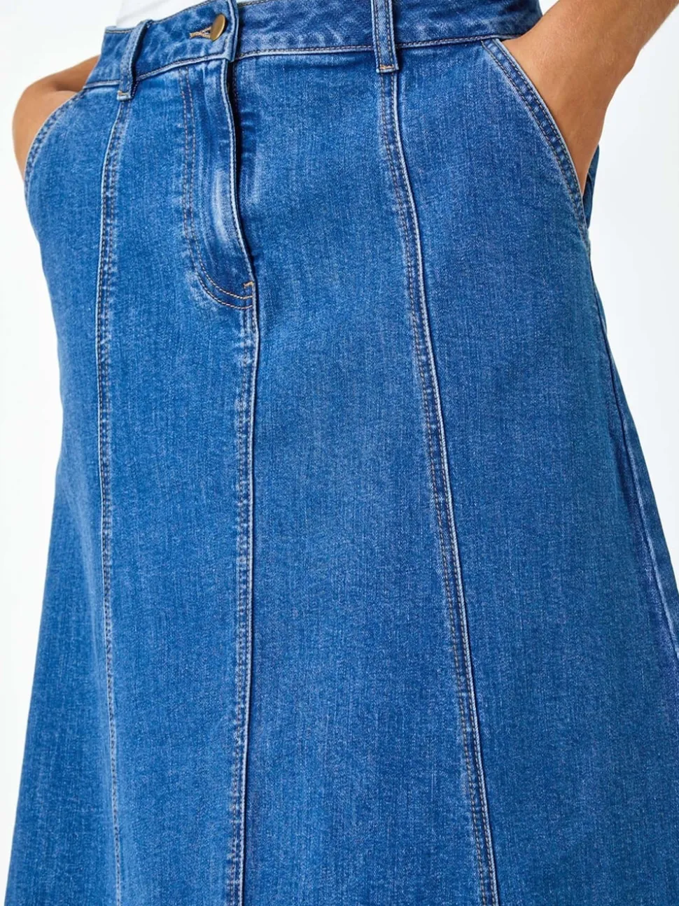 Roman Blue Cotton Denim Panelled Midi Skirt