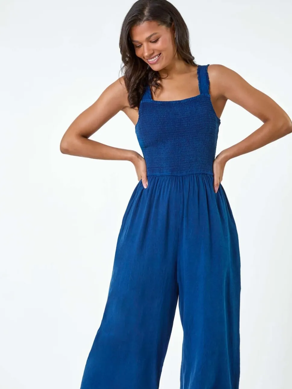 Roman Blue Denim Shirred Bodice Pocket Jumpsuit