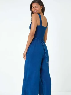 Roman Blue Denim Shirred Bodice Pocket Jumpsuit