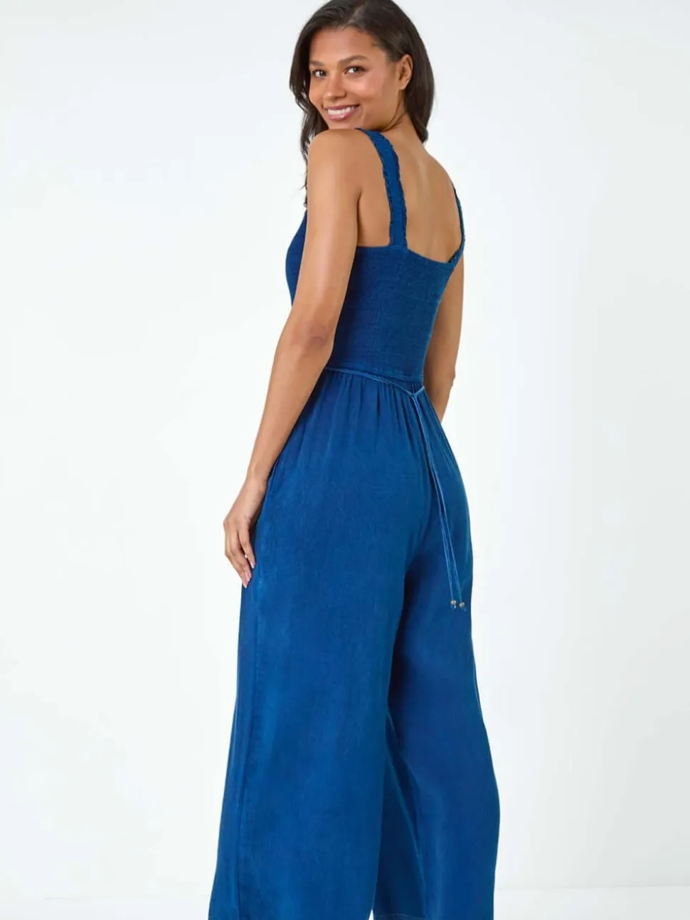 Roman Blue Denim Shirred Bodice Pocket Jumpsuit