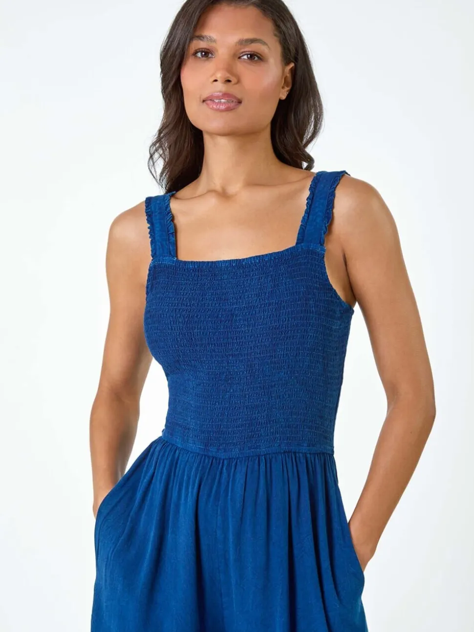 Roman Blue Denim Shirred Bodice Pocket Jumpsuit