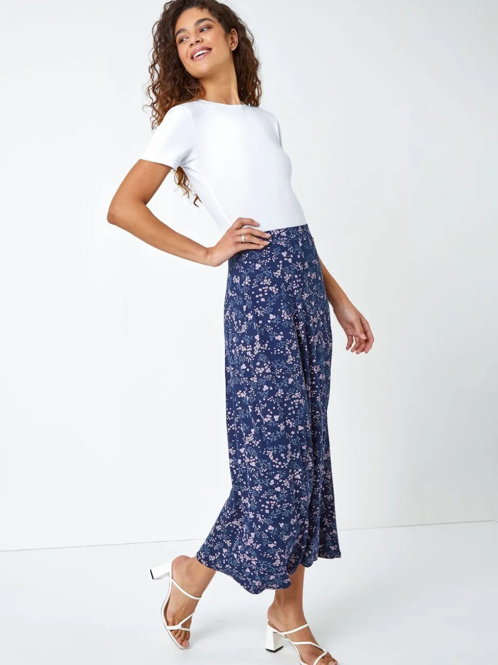 Roman Blue Floral Print Stretch Midi Skirt