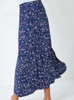 Roman Blue Floral Print Stretch Midi Skirt