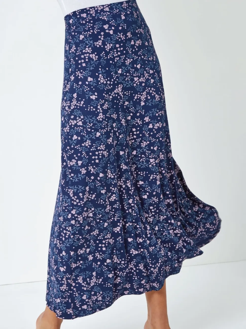 Roman Blue Floral Print Stretch Midi Skirt